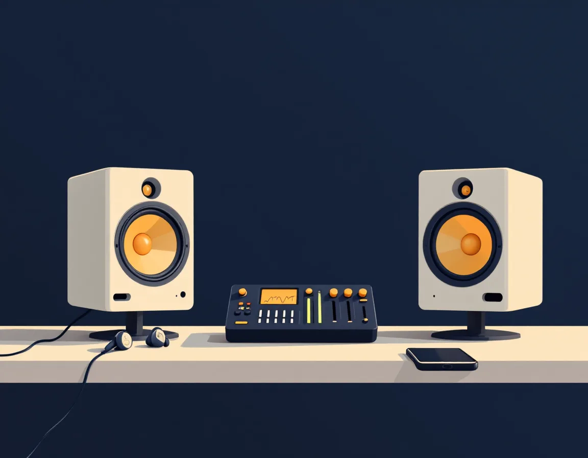 Flat illustration of studio monitors, faders, earbuds and a phone used to check a mix